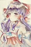  1girl :/ absurdres ascot black_hair blue_ascot bow closed_mouth detached_sleeves frilled_bow frilled_hair_tubes frilled_shirt frills hair_between_eyes hair_bow hair_tubes hakurei_reimu highres long_hair looking_at_viewer navybluesparrow painting_(medium) red_bow red_eyes red_shirt ribbon-trimmed_sleeves ribbon_trim sarashi shirt sidelocks sleeveless sleeveless_shirt solo touhou traditional_media upper_body watercolor_(medium) white_background white_sleeves wide_sleeves 