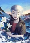  1boy :d closed_eyes collarbone commentary day flower grey_hair happy highres holding holding_flower jacket jewelry kienai_11 male_focus nanu_(pokemon) necklace open_clothes open_jacket open_mouth outdoors partially_submerged pokemon pokemon_(game) pokemon_sm red_shirt shirt short_hair short_sleeves sky smile solo symbol-only_commentary teeth tongue twitter_username water watermark white_flower 