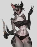  2023 abs anthro anthrofied athletic athletic_anthro athletic_female clothed clothing crop_top dagger female front_view gesture grin hi_res holding_dagger hyena johnfoxart looking_at_viewer mammal melee_weapon portrait shenzi shirt smile solo spots spotted_hyena three-quarter_portrait topwear v_sign weapon 