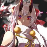  1girl armor armored_dress bare_shoulders bow breasts dress elbow_gloves fate/grand_order fate_(series) gloves hair_between_eyes hair_bow horns kino_kokko large_breasts long_hair looking_at_viewer oni_horns red_bow red_eyes red_gloves red_horns sidelocks solo tomoe_gozen_(fate) white_dress white_hair 