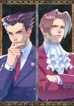  2boys absurdres ace_attorney ascot black_hair blue_eyes blue_jacket closed_mouth collared_shirt crossed_arms curtained_hair finger_to_own_chin formal furrowed_brow grey_eyes grey_hair hair_intakes hand_on_own_chin hasekou_g highres jacket long_sleeves male_focus miles_edgeworth multiple_boys necktie phoenix_wright red_jacket red_necktie shirt short_hair spiked_hair thinking upper_body white_shirt 