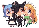  3girls :d animal_ears apron backbeako backbeard black_dress black_footwear black_gloves black_hair black_ribbon black_thighhighs blonde_hair blue_eyes blue_hair blush cat_ears cat_tail cheek-to-cheek chibi chibi_yami commentary_request dress elbow_gloves fire flame-tipped_tail full_body futaba_channel gegege_no_kitarou gloves green_dress green_thighhighs hair_between_eyes hair_over_one_eye hair_ribbon heads_together holding_hands horns jitome kirin_(nijiura_maid) kotonomiya_yuki long_hair long_sleeves looking_at_viewer looking_to_the_side maid_headdress multiple_girls nijiura_maids one_eye_closed open_mouth original partial_commentary pointy_ears red_eyes ribbon ringed_eyes short_hair simple_background single_horn sleeveless sleeveless_dress smile standing standing_on_one_leg tail thighhighs torotei triangle_mouth twintails very_long_hair waist_apron white_apron white_background white_thighhighs yami_yuki 