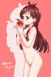  1girl absurdres antenna_hair apple blush breasts brown_hair character_name cleavage collarbone completely_nude covered_nipples female_pubic_hair food fruit groin hair_ornament hairpin hamao highres holding holding_food holding_fruit idolmaster idolmaster_cinderella_girls looking_at_viewer navel nude pubic_hair red_eyes silhouette simple_background small_breasts solo tsujino_akari 