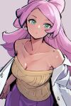  1girl bare_shoulders breasts cleavage coat collarbone earrings flower_earrings green_eyes jewelry lab_coat medium_breasts miriam_(pokemon) multicolored_hair off-shoulder_sweater off_shoulder open_clothes open_coat pink_hair pokemon pokemon_(game) pokemon_sv purple_hair rewin_(nobabys_perfect) school_nurse skirt solo streaked_hair striped striped_skirt sweater swept_bangs yellow_sweater 