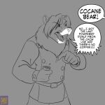  1:1 angry anthro bear brombear claws dialogue english_text foxenawolf fur greyscale hair isla_aukate male mammal monochrome neck_tuft sketch solo text tuft 