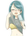  1girl blue_hair bra breasts closed_eyes clothes_lift food glasses hot large_breasts long_hair mousou_telepathy nakano_ayako nobel_(nobel827) popsicle shirt_lift solo sweat underwear white_background wiping_sweat 