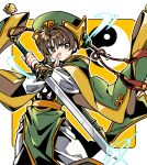  1boy brown_eyes brown_hair cardcaptor_sakura chinese_clothes closed_mouth green_headwear green_robe holding holding_sword holding_weapon kino_(kino_cono) li_xiaolang long_sleeves looking_at_viewer male_focus orb robe short_hair solo sparkle standing sword weapon wide_sleeves yin_yang yin_yang_orb 