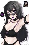  1girl absurdres armlet armpits artist_name black_hair black_tank_top breasts collarbone crop_top crossed_bangs cup danny_phantom drinking_straw food_in_mouth heart highres long_hair mikuneki navel open_mouth purple_eyes sam_manson shadow solo spoken_heart sunglasses tank_top thick_eyebrows 