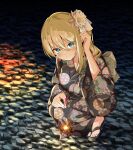  1girl alternate_costume aqua_eyes black_kimono closed_mouth double-parted_bangs fireworks flower full_body geta gradient_hair green_hair hair_flower hair_ornament hair_tucking highres holding_fireworks indie_virtual_youtuber japanese_clothes kanzashi kimono long_hair looking_at_viewer multicolored_hair nanamiya_nako night print_kimono senkou_hanabi side_ponytail smile solo sparkler squatting v-shaped_eyebrows virtual_youtuber yamasaki_natsuki yukata 