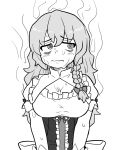  1girl @_@ bags_under_eyes blush bow braid breasts bseibutsu center_frills cleavage cleavage_cutout closed_mouth clothing_cutout commentary cookie_(touhou) frilled_shirt frills greyscale hair_between_eyes hair_bow kirisame_marisa large_breasts long_hair looking_to_the_side mars_(cookie) medium_bangs monochrome no_headwear shirt simple_background single_braid solo steaming_body sweat touhou underbust upper_body wavy_mouth 