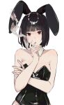  1girl animal_ears bare_arms black_hair black_leotard breasts cigarette detached_collar highres holding holding_cigarette leotard limbus_company looking_at_viewer medium_breasts msx_(mis4xi) playboy_bunny project_moon rabbit_ears red_eyes ryoshu_(limbus_company) short_hair simple_background smoke smoking solo white_background 