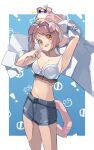  1girl absurdres animal_ears animal_on_head arknights arm_up armpits bare_arms bare_shoulders bikini blue_shorts breasts cat_ears cat_tail cleavage commentary cowboy_shot goldenglow_(arknights) goldenglow_(summer_flowers)_(arknights) head_tilt highres navel on_head pink_hair plabit shorts solo standing stomach swimsuit symbol-only_commentary tail thighs white_bikini yellow_eyes 