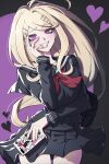  1girl ahoge akamatsu_kaede black_background black_serafuku black_shirt black_skirt cowboy_shot danganronpa_(series) danganronpa_v3:_killing_harmony grin hair_ornament hairclip hand_on_own_cheek hand_on_own_face hand_up heart highres holding holding_phone monokuma neckerchief official_alternate_costume phone pink_background pink_eyes pleated_skirt red_neckerchief school_uniform serafuku shirt skirt smile solo teeth ttegi_(ddeck_dg) 