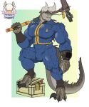  1ceberg absurd_res anthro bethesda_softworks big_pecs bulge clothing deathclaw fallout hi_res horn male muscular muscular_male pecs pip-boy scalie solo standing tight_clothing vault_suit weapon 