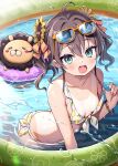  1girl :d ahoge aqua_eyes ayaoshiro bikini blush breasts brown_hair commentary_request ebi_frion_(natsuiro_matsuri) eyewear_on_head flower hair_between_eyes hair_flower hair_ornament highres hololive lemon_print looking_at_viewer natsuiro_matsuri navel one-piece_tan partially_submerged pool print_bikini small_breasts smile sunflower_hair_ornament sunglasses swimsuit tan tanlines virtual_youtuber water wet white_bikini 