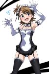  1girl absurdres alternate_costume bare_shoulders bridal_gauntlets brown_eyes brown_hair elbow_gloves enmaided frills futami_ami gloves highres idolmaster idolmaster_(classic) maid maid_headdress short_hair side_ponytail simple_background smile solo swimsuit thighhighs tokiani white_gloves 