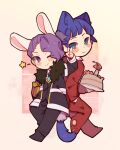  2boys ;) animal_ears black_jacket black_pants black_vest blue_eyes blue_hair blue_necktie cake cat_boy cat_ears cat_tail chinese_commentary closed_mouth collared_shirt commentary_request employee_(lobotomy_corporation) food gift hand_in_pocket highres holding holding_cake holding_food jacket lobotomy_corporation long_sleeves male_focus multiple_boys necktie one_eye_closed open_clothes open_jacket pants project_moon purple_eyes purple_hair rabbit_boy rabbit_ears rabbit_tail red_jacket red_pants shirt short_hair smile star_(symbol) tail tesna vest white_shirt 