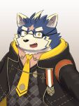  ahoge anthro blue_body blue_fur blush canid canine canis clothing crave_saga domestic_dog eyebrows eyewear fur glasses gozmori hair hi_res looking_at_viewer lucian_(crave_saga) male mammal necktie robe solo star_marking thick_eyebrows yellow_eyes 