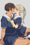  2girls blonde_hair brown_hair dark-skinned_female dark_skin eye_contact french_kiss grey_background highres kei_(m_k) kiss long_hair looking_at_another m_k multiple_girls neckerchief open_mouth original pleated_skirt rika_(m_k) saliva school_uniform serafuku short_hair short_sleeves simple_background skirt thighs tomboy tongue tongue_out yellow_neckerchief yuri 