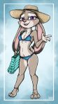  anthro bikini blush clothing disney female fur grey_body grey_fur hat headgear headwear judy_hopps lagomorph leporid mammal purple_eyes rabbit sun_hat swimwear ziegelzeig zootopia 