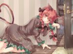  2girls all_fours animal_ear_fluff animal_ears arm_up ass barefoot black_bow blush book bow braid cat_ears cat_tail commentary dress floral_print frills grey_dress grin hair_ribbon hand_up indoors juliet_sleeves kaenbyou_rin long_hair long_sleeves mahimaru multiple_girls multiple_tails nekomata on_bed open_door paw_pose plant puffy_sleeves red_eyes red_hair ribbon rug slippers smile solo_focus tail touhou tress_ribbon twin_braids two_tails vase window wooden_floor 