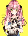  1girl @_@ absurdres animal artist_name bare_arms blue_eyes blush cat character_request collarbone commentary copyright_request denim_apron grumpy_cat gula_atur_sendiri highres holding holding_animal holding_cat long_hair looking_at_viewer parted_lips pink_hair simple_background solo twitter_logo twitter_username upper_body yellow_background yellow_eyes 