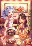  1boy 1girl arm_up black_hair blue_eyes blue_hair bowl brown_eyes bun_(food) burger chair cheese dress food food_focus holding holding_food indoors lettuce long_hair meat meriko_(piyoko5) napkin original otoko_no_ko parfait pink_dress plant plate sandwich steak table 