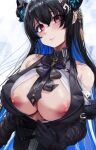  1girl ascot bare_shoulders black_ascot black_gloves black_hair blue_hair breasts closed_mouth colored_inner_hair demon_horns gloves hair_ornament highres hololive hololive_english horns large_breasts long_hair mole mole_under_eye multicolored_hair nerissa_ravencroft nipples open_clothes open_shirt red_eyes silver_queen_(silverqueen0) solo tassel tassel_hair_ornament two-tone_hair upper_body very_long_hair virtual_youtuber 