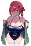  1girl bare_shoulders bat_hair_ornament blush breasts cleavage collarbone gabriel_dropout greatmosu hair_ornament hair_rings highres large_breasts long_hair looking_at_viewer open_mouth purple_eyes red_hair satanichia_kurumizawa_mcdowell simple_background solo swimsuit tagme thighs white_background 