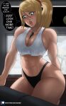  1girl abs absurdres arm_support between_breasts blonde_hair blush breasts controller couch echo_saber english_text hair_between_eyes highres large_breasts lips long_hair metroid open_mouth ponytail remote_control samus_aran sidelocks solo teeth television tongue upper_teeth_only 