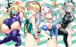  4girls absurdres ahoge anger_vein artoria_caster_(fate) artoria_caster_(swimsuit)_(fate) artoria_pendragon_(fate) ass bare_shoulders blonde_hair blue_eyes blush blush_stickers breasts ebora fate/grand_order fate_(series) feet forked_eyebrows gareth_(fate) gareth_(swimsuit_saber)_(fate) glasses grey_hair highres large_breasts long_hair looking_at_viewer medium_breasts melusine_(fate) melusine_(swimsuit_ruler)_(fate) morgan_le_fay_(fate) morgan_le_fay_(water_princess)_(fate) multiple_girls neco-arc one-piece_swimsuit open_mouth ponytail short_hair single_bare_leg single_thighhigh small_breasts smile swimsuit thighhighs tiara twintails very_long_hair white_hair yellow_eyes 