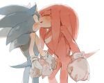  2boys animal_ears animal_nose blue_fur blush closed_eyes furry furry_male gloves green_eyes grey_gloves hedgehog hedgehog_ears hedgehog_tail holding holding_hands kiss kissing_cheek knuckles_the_echidna looking_at_another male_focus multiple_boys open_mouth red_fur simple_background sk_rokuro sonic_(series) sonic_the_hedgehog standing tail white_background yaoi 