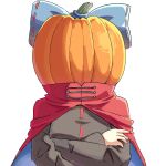  1girl black_jacket blue_bow bow cape crossed_arms disembodied_head headless highres jacket large_bow long_sleeves praeto pumpkin red_cape sekibanki simple_background solo touhou white_background 
