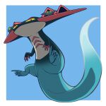  blue_background border claws dragapult dragon_tail dreepy full_body half-closed_eyes highres looking_at_viewer maziari1105 no_humans pokemon pokemon_(creature) solo tail white_border 