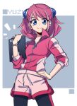 1girl blue_eyes bracelet closed_mouth cowboy_shot hand_on_own_hip hiiragi_yuzu holding jacket jewelry looking_at_viewer musical_note pink_hair pink_jacket pira_811 shorts smile solo twintails yu-gi-oh! yu-gi-oh!_arc-v 