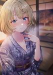  1girl blue_eyes blue_kimono blurry blurry_background breasts brown_hair cleavage closed_mouth collarbone dot_nose green_eyes hand_up heterochromia highres idolmaster idolmaster_cinderella_girls idolmaster_cinderella_girls_starlight_stage indoors japanese_clothes kimono lamp long_sleeves looking_at_viewer mariabowl medium_breasts mole mole_under_eye obi obijime pink_nails print_kimono print_sash rainbow_gradient sash short_hair shouji sliding_doors smile solo takagaki_kaede tatami tree upper_body wide_sleeves 