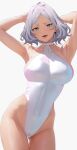  1girl armpits arms_behind_head arms_up bare_shoulders blush breasts collarbone covered_navel dark-skinned_female dark_skin green_eyes grey_hair gundam gundam_suisei_no_majo highleg highleg_leotard highres kameponde large_breasts leotard looking_at_viewer open_mouth parted_bangs secelia_dote short_hair smile solo white_background white_leotard 