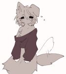  blush bodily_fluids canid canine canis chest_tuft clothing domestic_cat domestic_dog felid feline felis female fur fusion hair jam_(joycawn) joycawn looking_at_viewer mammal messy_hair paws shirt simple_background sweat sweatdrop tail tail_motion tailwag topwear tuft 