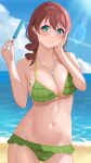  1girl absurdres beach bikini blue_eyes blue_sky braid breasts brown_hair chaso_(480) cleavage cloud contrapposto cowboy_shot day emma_verde food freckles frilled_bikini frills green_bikini highres horizon jewelry large_breasts lens_flare long_hair looking_at_viewer love_live! love_live!_nijigasaki_high_school_idol_club low_twintails medium_hair navel necklace ocean outdoors popsicle sky solo sun swimsuit twin_braids twintails 
