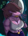  absurd_res anthro axe big_breasts breasts clothed clothing deltarune dialogue female hi_res humanoid justahoot lizard muscular muscular_female purple_body reptile scalie smile smiling_at_viewer solo susie_(deltarune) text topwear undertale_(series) weapon 