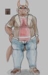  2019 ambiguous_gender anthro belly blue_bottomwear blue_clothing bottomwear brown_body brown_clothing brown_footwear brown_scales brown_shoes brown_topwear clothed clothing colored_sketch curved_horn denim denim_clothing digital_drawing_(artwork) digital_media_(artwork) ear_frill eyeshadow footwear frill_(anatomy) front_view frown full-length_portrait fully_clothed grey_background hand_on_hip horn jacket jeans looking_at_viewer looking_forward makeup mascara nobodyshouse pants portrait red_clothing red_topwear reference_image reptile scales scalie shirt shoes simple_background sketch slightly_chubby sneakers solo space_station_13 standing topwear unathi 