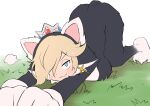  1girl :3 =3 absurdres animal_ears black_bodysuit blonde_hair blue_eyes blue_gemstone blush bodysuit breast_press breasts cat_ears cat_rosalina catsuit closed_mouth commentary crown earrings fake_animal_ears fang fang_out full_body gem gloves grass grey_headwear hair_over_one_eye half-closed_eyes happy highres hood hood_up jewelry kurachi_mizuki large_breasts looking_at_viewer mario_(series) on_ground one_eye_covered outstretched_arms own_hands_together red_gemstone rosalina short_hair sidelocks simple_background smile solo star_(symbol) star_earrings stretching super_mario_3d_world top-down_bottom-up v-shaped_eyebrows white_background white_gloves 