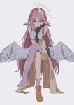  1girl angel angel_wings animal_ears asymmetrical_legwear bird_ears breasts bridal_gauntlets compass_rose_halo crop_top feathered_wings halo jibril_(no_game_no_life) large_breasts long_hair looking_at_viewer low_wings magic_circle midriff mismatched_legwear multicolored_eyes no_game_no_life pink_hair purple_eyes shoes single_shoe solo very_long_hair white_wings wing_ears wings yellow_eyes yu_yin 
