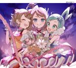  3girls arm_warmers bare_shoulders blonde_hair blue_eyes blush bouquet brown_hair closed_eyes dress earrings eyelashes flower green_eyes green_hair hair_ornament highres holding holding_flower jewelry lisia_(pokemon) long_hair looking_at_viewer may_(pokemon) multiple_girls open_mouth pink_flower pokemon pokemon_(anime) ribbon serena_(pokemon) sidelocks smile sumeragi1101 thighhighs white_flower 