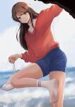  1girl absurdres alternate_costume arm_up blue_shorts blurry blurry_background blush brown_eyes brown_hair closed_mouth depth_of_field feet ghhoward highres holding legs long_hair long_sleeves looking_at_viewer no_shoes outdoors red_shirt ribbed_socks sakurajima_mai seishun_buta_yarou shirt shoes shoes_removed short_shorts shorts sneakers socks soles solo splashing standing standing_on_one_leg thighs toes variant_set water wet white_socks 