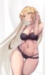  1girl azur_lane bismarck_(azur_lane) black_nails blonde_hair blue_eyes blush bra breasts cleavage collarbone commentary filin hair_between_eyes highres lace-trimmed_bra lace-trimmed_panties lace_trim large_breasts long_hair looking_to_the_side midriff navel panties signature solo thigh_gap thighs underwear 