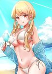  1girl beach bikini blonde_hair blue_jacket blue_sky breasts cleavage cloud cowboy_shot day food groin jacket kamitu large_breasts long_hair low_twintails orange_eyes original outdoors popsicle sky solo swimsuit tongue tongue_out twintails white_bikini 