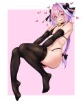  1boy alternate_costume armpit_crease astolfo_(fate) bell bikini black_bikini black_bow black_choker border bow braid braided_ponytail brown_gloves brown_thighhighs bulge chinese_commentary choker commentary elbow_gloves fate/apocrypha fate/grand_order fate_(series) feet fine_fabric_emphasis full_body gloves grey_hair hair_between_eyes hair_bow hair_intakes heart highleg highleg_bikini husun_wei invisible_chair knees_together_feet_apart looking_at_viewer male_focus multicolored_hair navel neck_bell no_shoes otoko_no_ko pink_background pink_eyes pink_hair sitting skindentation streaked_hair swimsuit thighhighs thighs toes white_border 