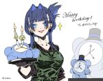  1girl alarm_clock apron blue_eyes blue_hair breasts brown_shirt cake candle clock collarbone english_text fangs food green_apron hair_intakes happy_birthday hat hololive hololive_english kronie_(ouro_kronii) large_breasts looking_at_viewer medium_hair open_mouth ouro_kronii plate shirt simple_background sparkle taka_t top_hat twitter_username virtual_youtuber white_background 