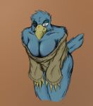  anthro avian axentooth baggy_clothing bedroom_eyes big_breasts blue_body blue_feathers bottomless breasts clothed clothing deep_cleavage eyebrows feathers female glistening glistening_breasts hands_on_legs hands_on_thighs leaning leaning_forward looking_at_viewer makeup narrowed_eyes raised_eyebrows seductive servia_(axentooth) solo sweater topwear 